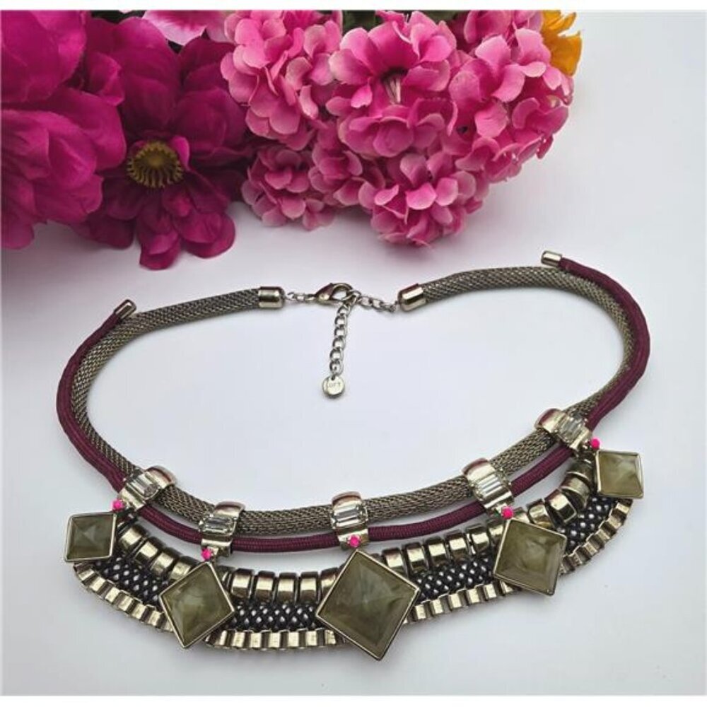 Ann Taylor LOFT Signed Statement Bib Necklace, Gold Tone, 21 In Adj Art Deco